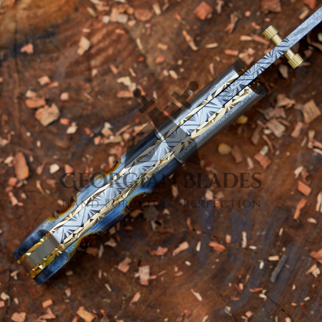 The Glenn Folder – 7.5 inch Damascus Steel Liner Lock Pocket Knife with Bone Handle and Leather Sheath