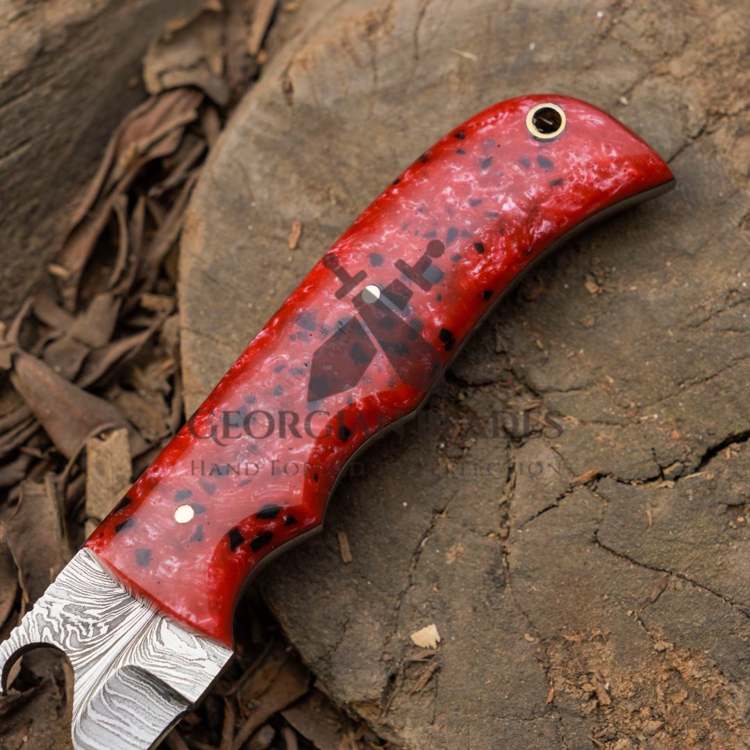 Heart Blade: 9" Full Tang Hand Forged Fixed Blade Gut Hook Damascus Steel Hunting Knife with Leather Sheath