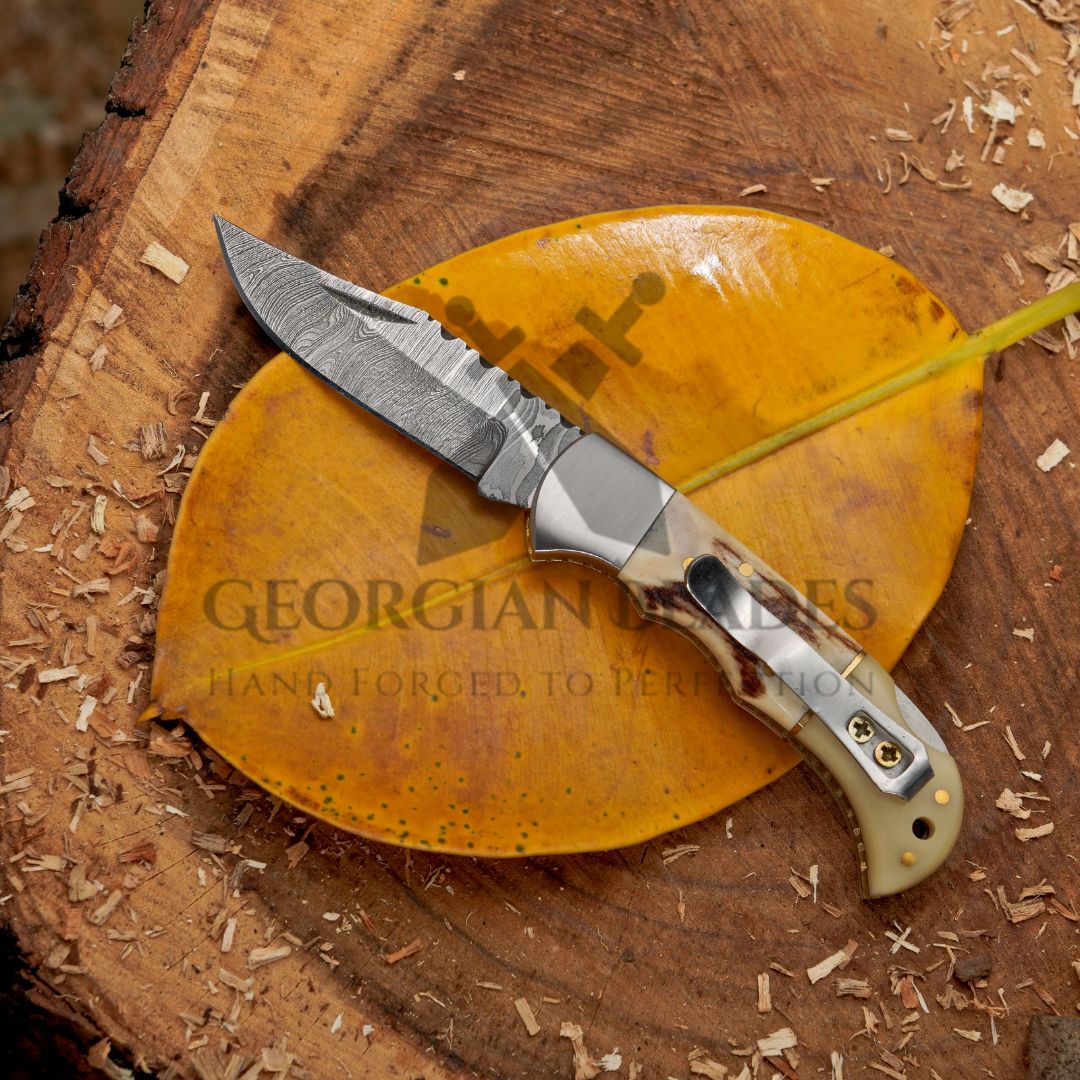 The Sully Folder - 7 inch Pocket Folding Clip Knife with Stag and Bone Handle and Leather Sheath