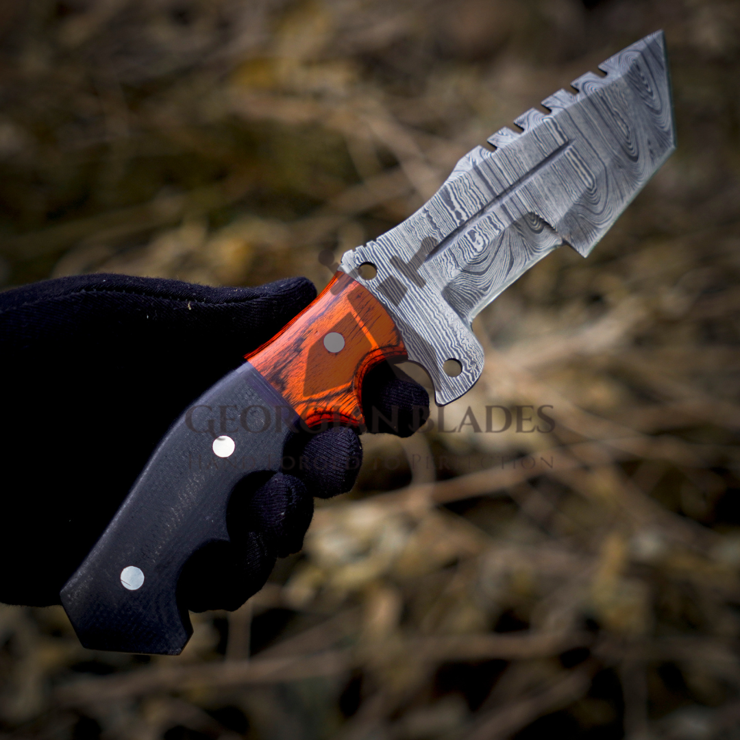 Explorer's Companion: 10” Damascus Steel Tracker Hunting Camping Knife With Resin & Wood Handle