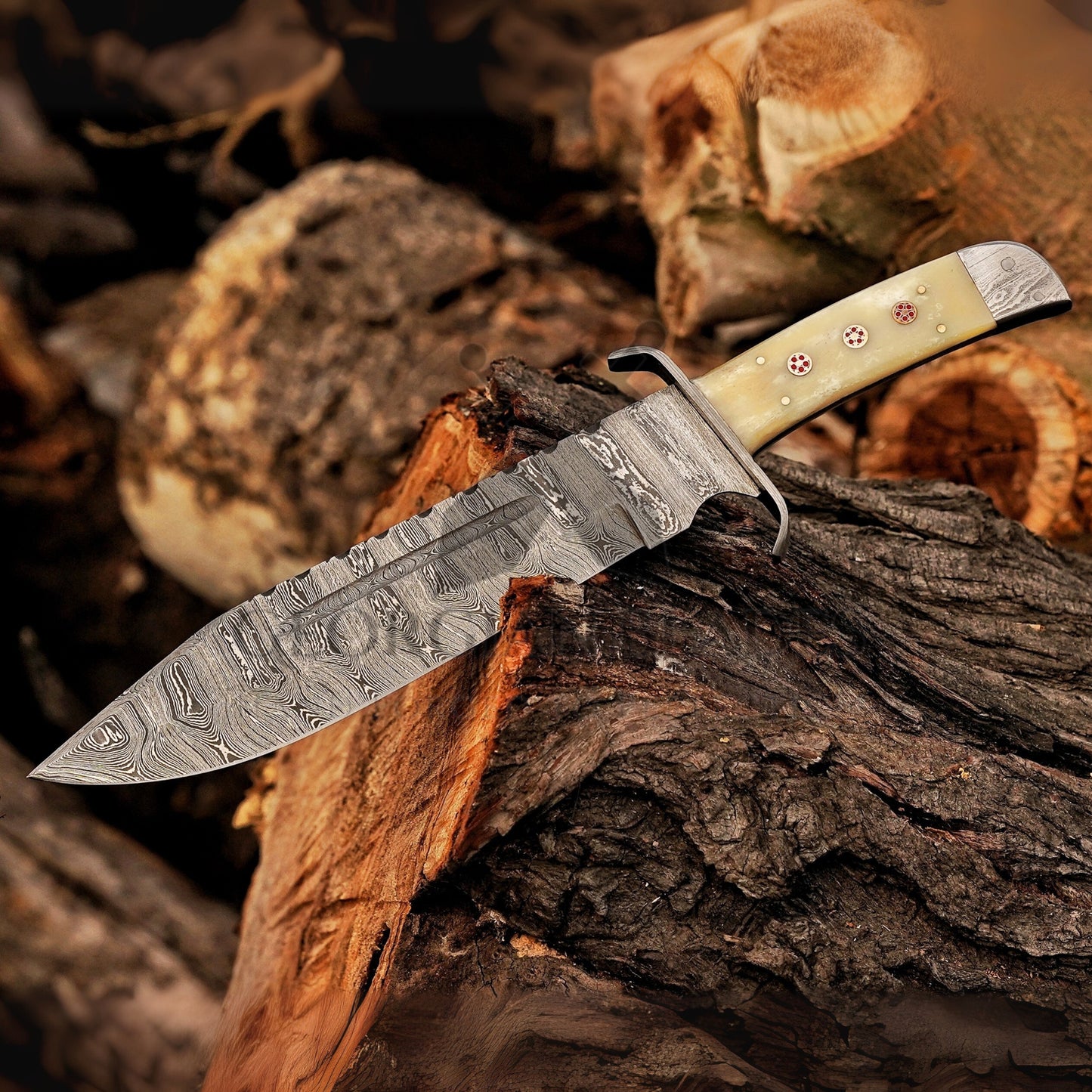Paul Bunyan Razor - 15" Handmade Damascus Steel Bowie Knife- Full Tang - Camel Bone Handle