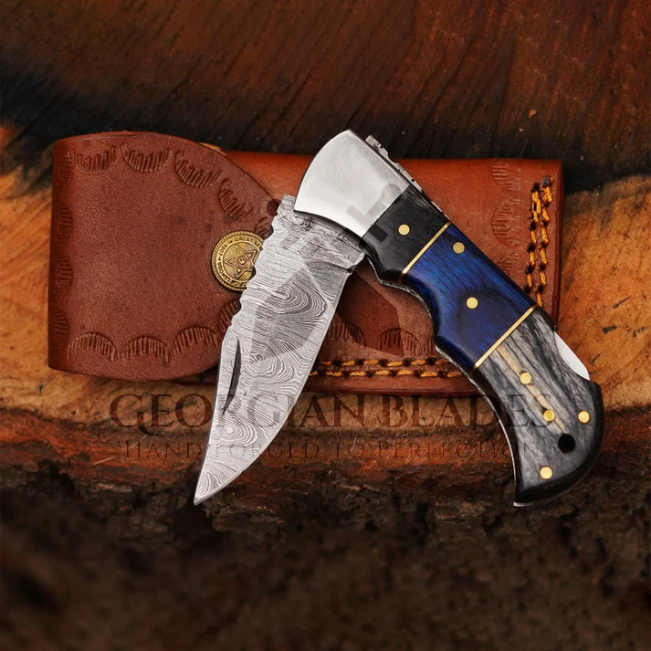 Midnight Wave- 6.5" Handmade Folding Knife with Damascus Blade and Leather Sheath