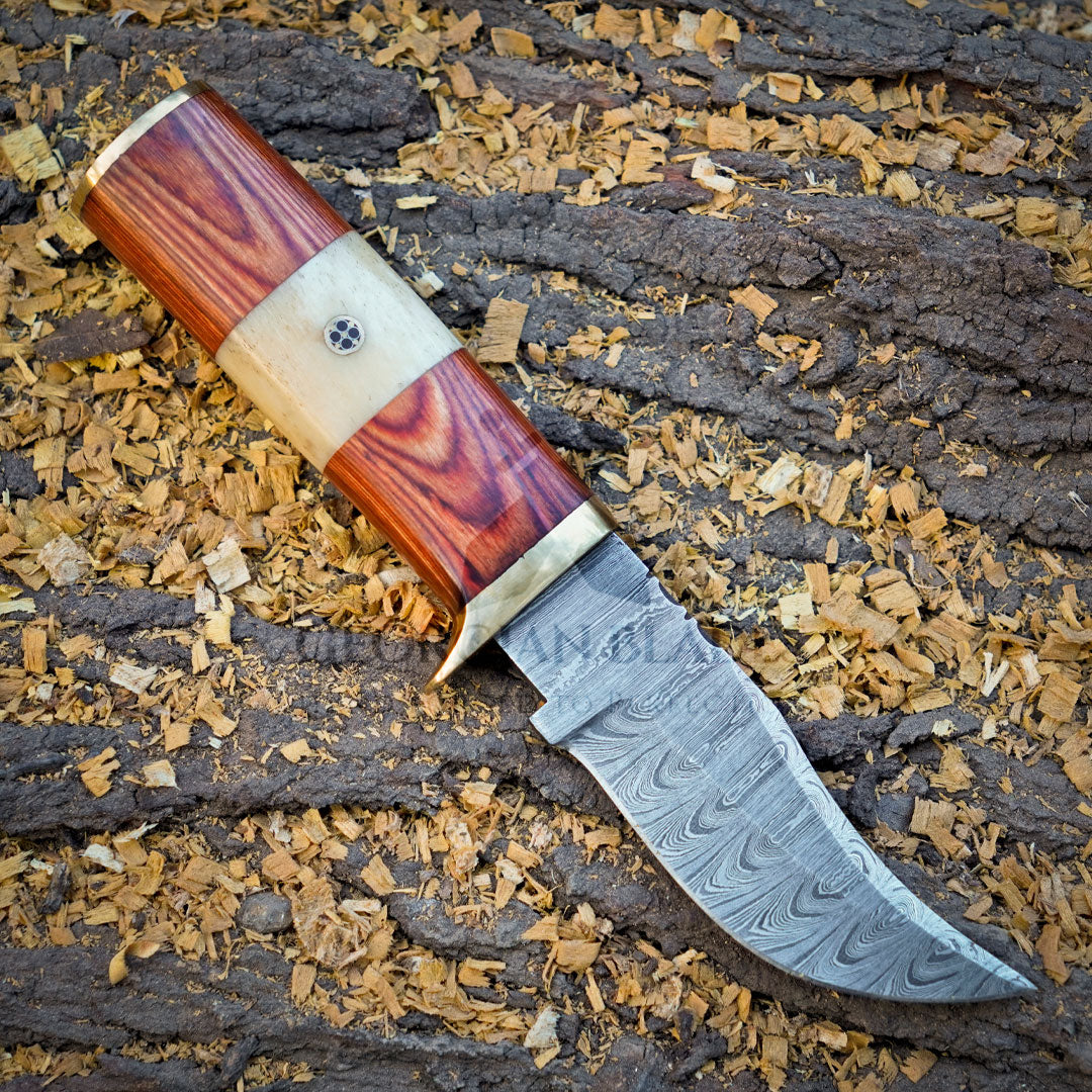 Mike Fink Skinner - CUSTOM HANDMADE FORGED DAMASCUS Steel Hunting Knife Wood & Camel Bone Handle