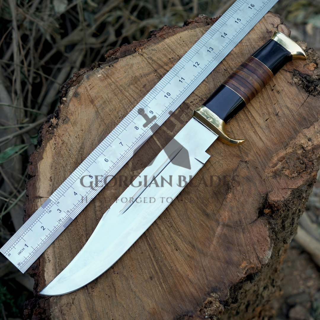 15" Bowie Knife: Scout's Sentine - Handmade J2 Bowie Knife Steel Hunting Fix Blade - Bull Horn & Leather Handle