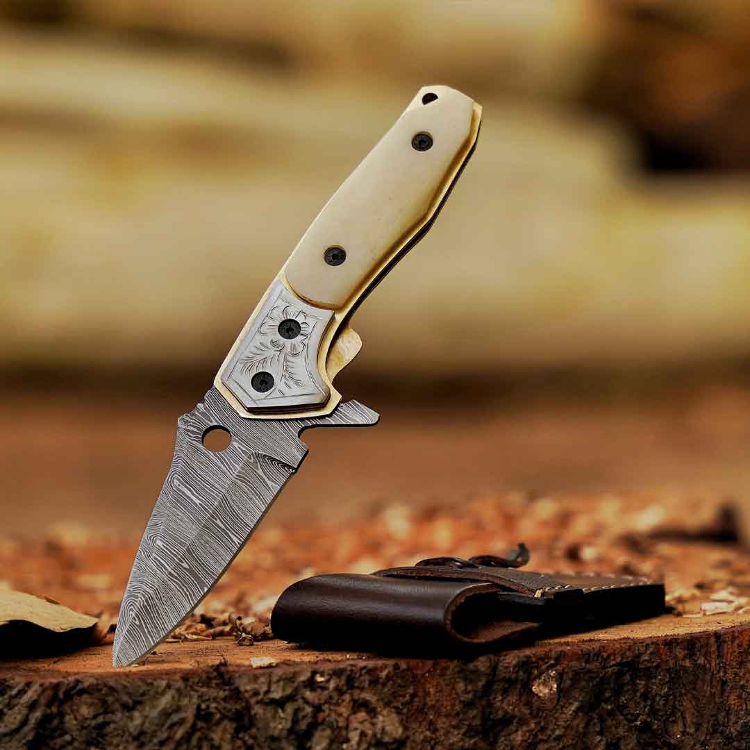 Signature Damascus Trio – Bundle of 3 Handmade Pocket Knives with Leather Sheaths