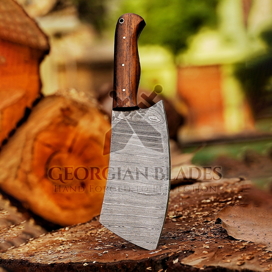 Savage Serenity: 10" Damascus Meat Cleaver with Dark Wood Handle & Leather Sheath, Damascus Steel Cleaver Chopper