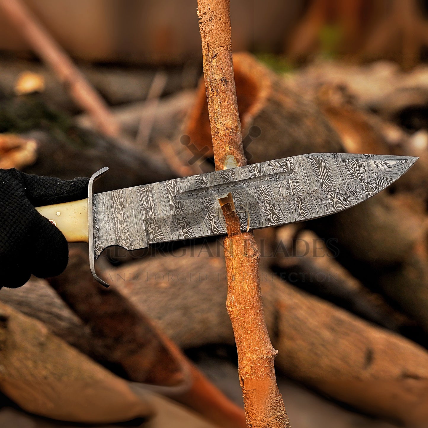 Paul Bunyan Razor - 15" Handmade Damascus Steel Bowie Knife- Full Tang - Camel Bone Handle