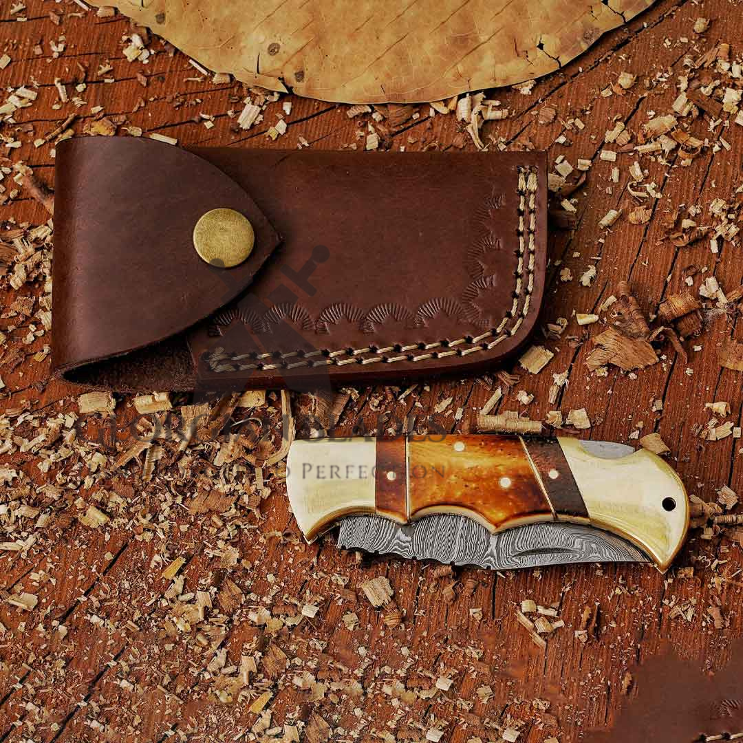 The John Paul Jones Damascus Folding Knife 6.75-inch Bone Handle Knife with Leather Sheath