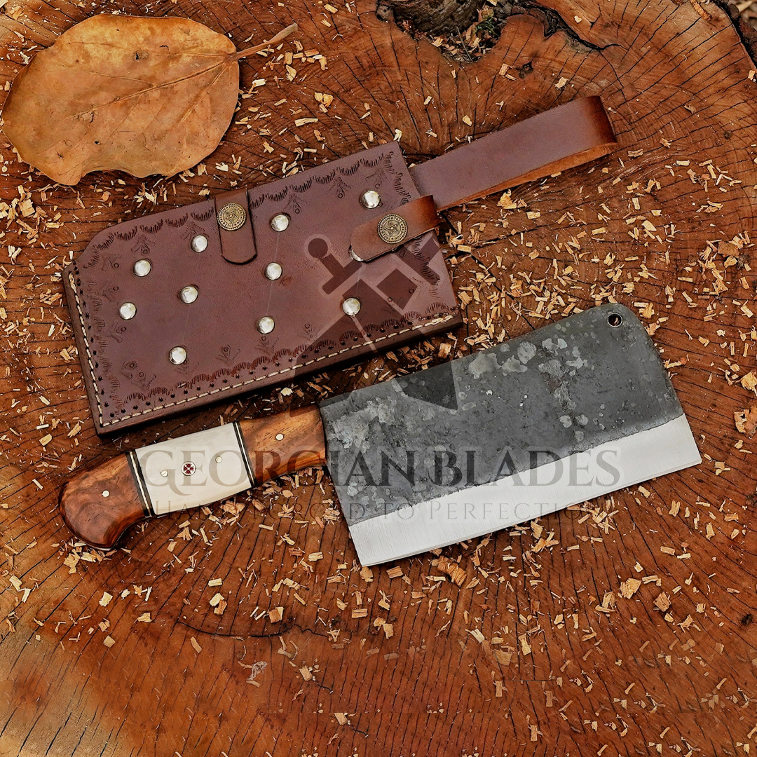 Eternal Essence Cleaver: 10" Chef Cleaver Knife with Bone & Wood Handle, Carbon Steel Meat Cleaver Knife