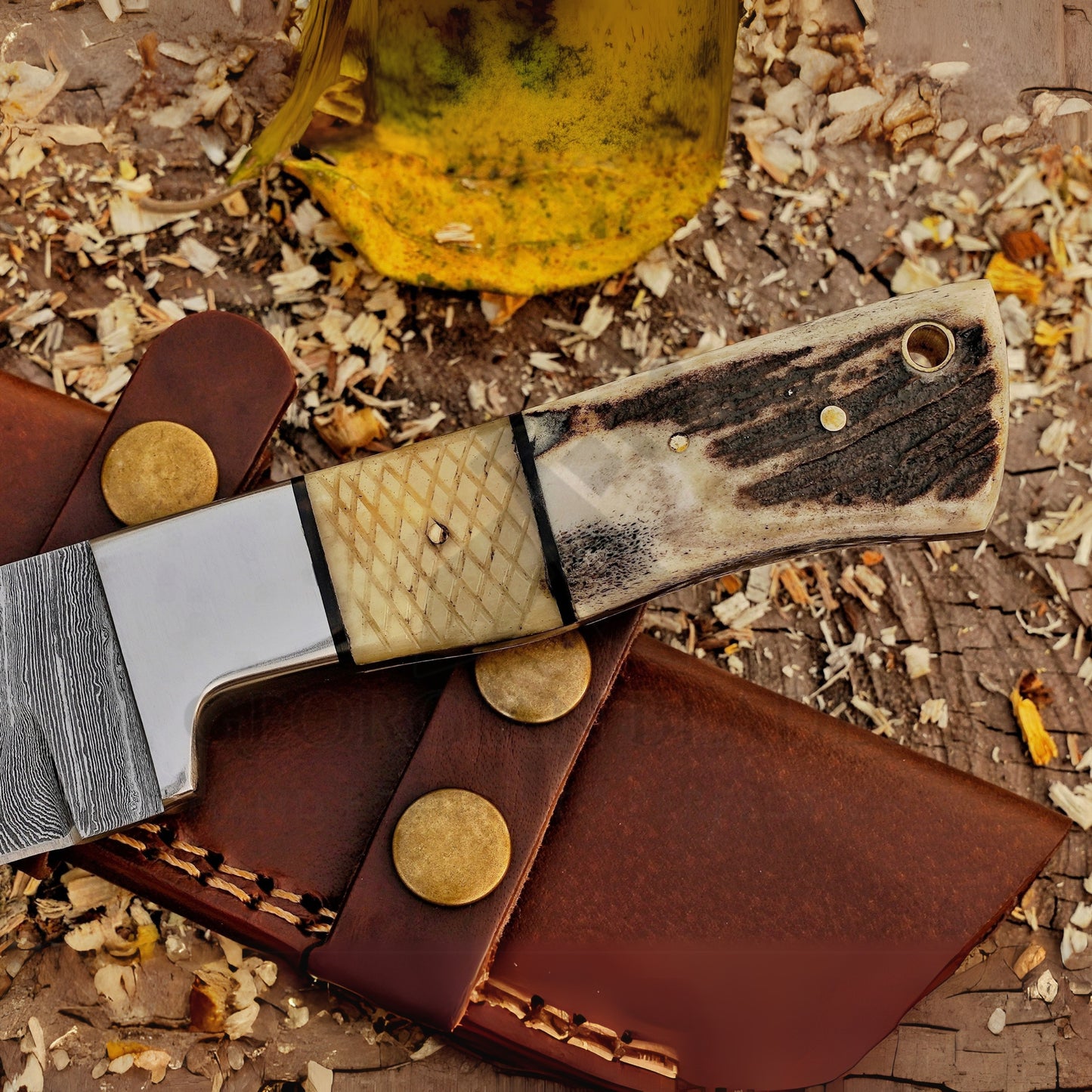 Pecos Pete Slicer: Forged Damascus Steel Skinner Knife EDC 9” -V3 With Stag Antler & Engraved Camel Bone Handle