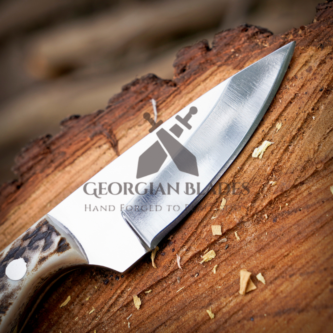 The Ghost Ridge Hunting Knife - Premium Hand Forged Full Tang Skinning Knife - Stag Antler Handle - D2 Steel- 7 inches