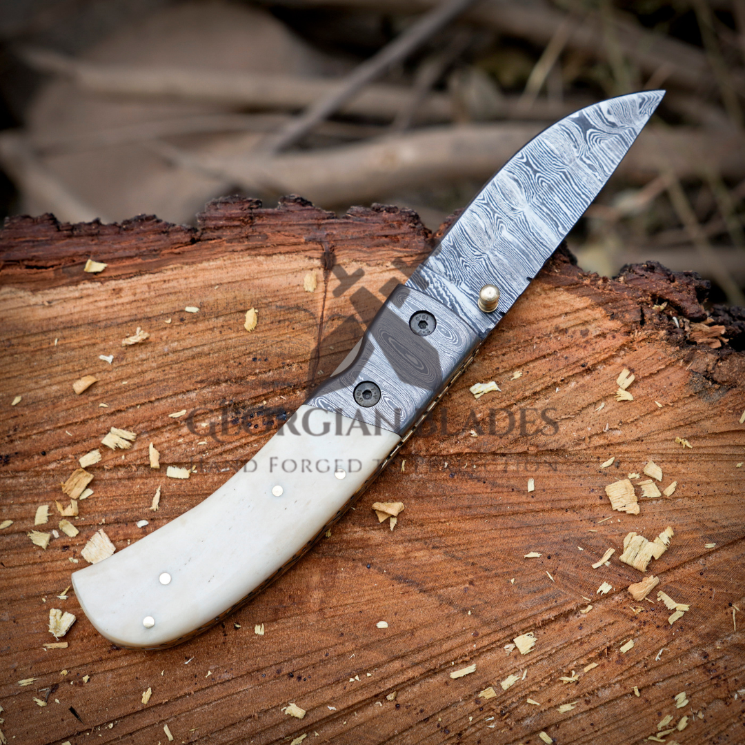 Cartilage Cutter: Hand Forged Damascus Steel Hunting Folding Knife With Damascus Bolster & Camel Bone Handle