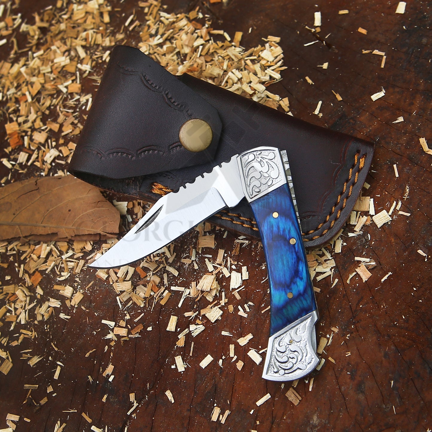 CelestialSnap - 7.5" Hand Forged Back Lock Focket Knife with Leather Sheath