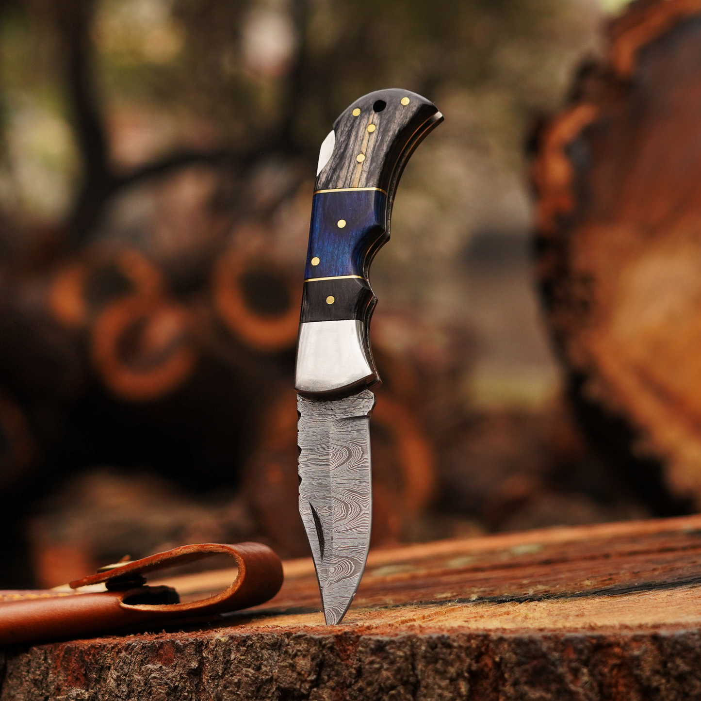 Midnight Wave- 6.5" Handmade Folding Knife with Damascus Blade and Leather Sheath