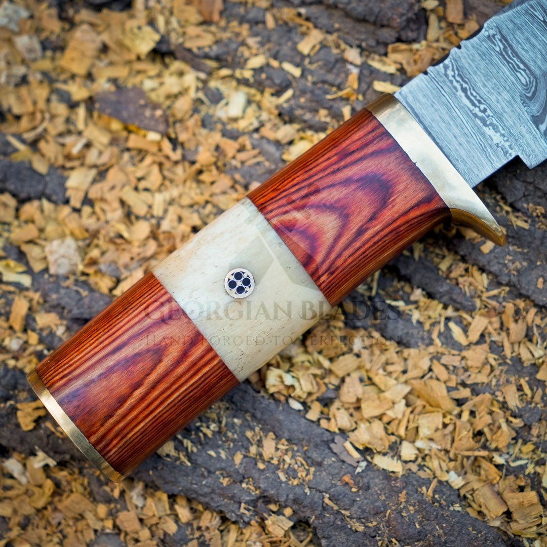 Mike Fink Skinner - CUSTOM HANDMADE FORGED DAMASCUS Steel Hunting Knife Wood & Camel Bone Handle