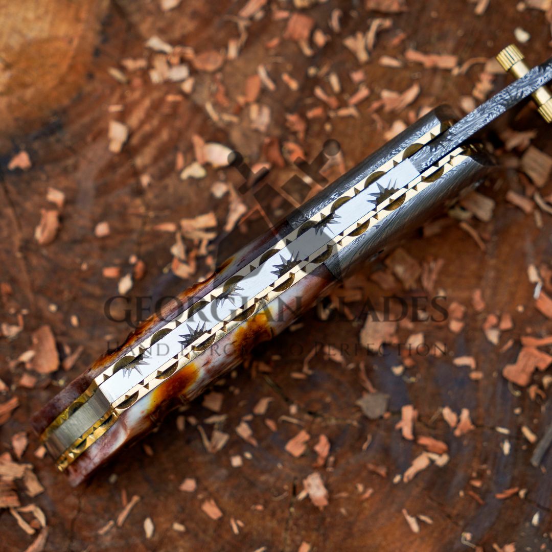 The Nimitz Folder – 7.5 inch Damascus Steel Liner Lock Pocket Knife with Bone Handle and Leather Sheath