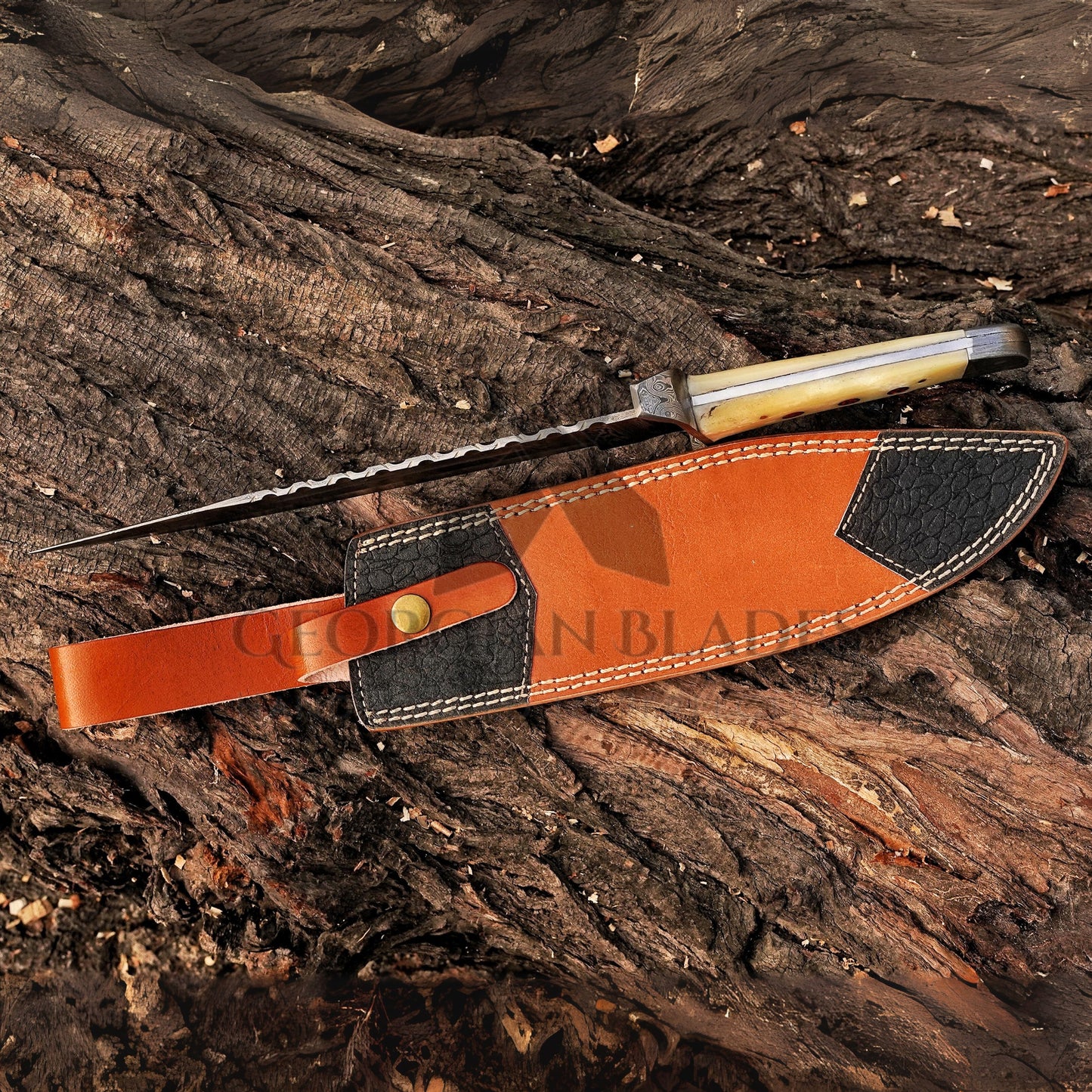 Paul Bunyan Razor - 15" Handmade Damascus Steel Bowie Knife- Full Tang - Camel Bone Handle