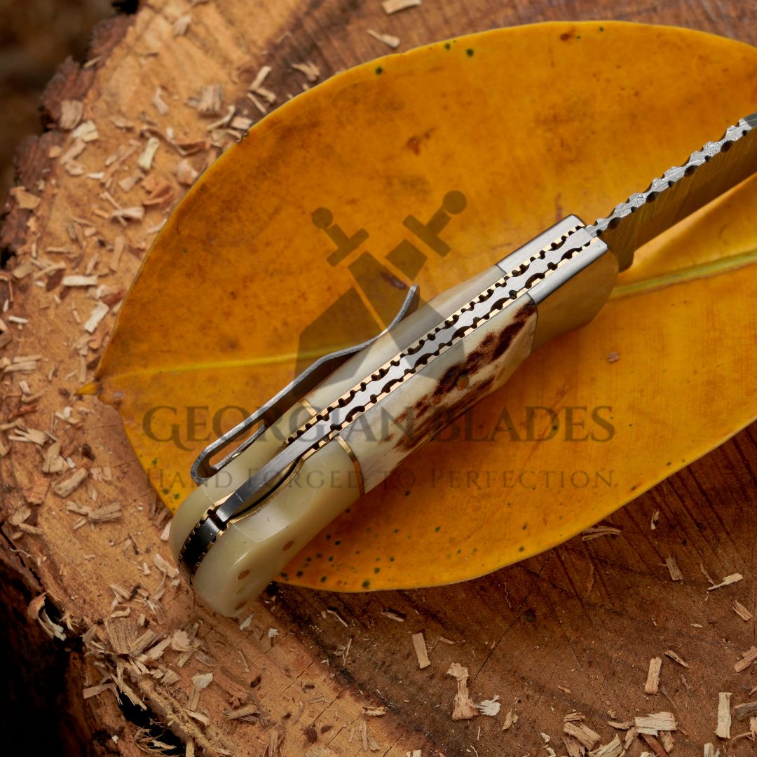 The Sully Folder - 7 inch Pocket Folding Clip Knife with Stag and Bone Handle and Leather Sheath