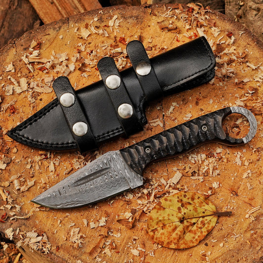 Ridgeback Skinner — 9" Hand-Forged Ladder Damascus Skinning Knife with Ring Pommel