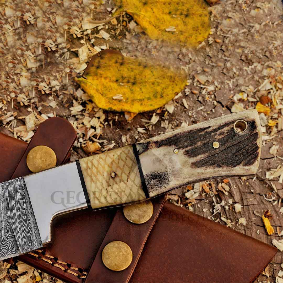 Pecos Pete Slicer: Forged Damascus Steel Skinner Knife EDC 9” -V3 With Stag Antler & Engraved Camel Bone Handle