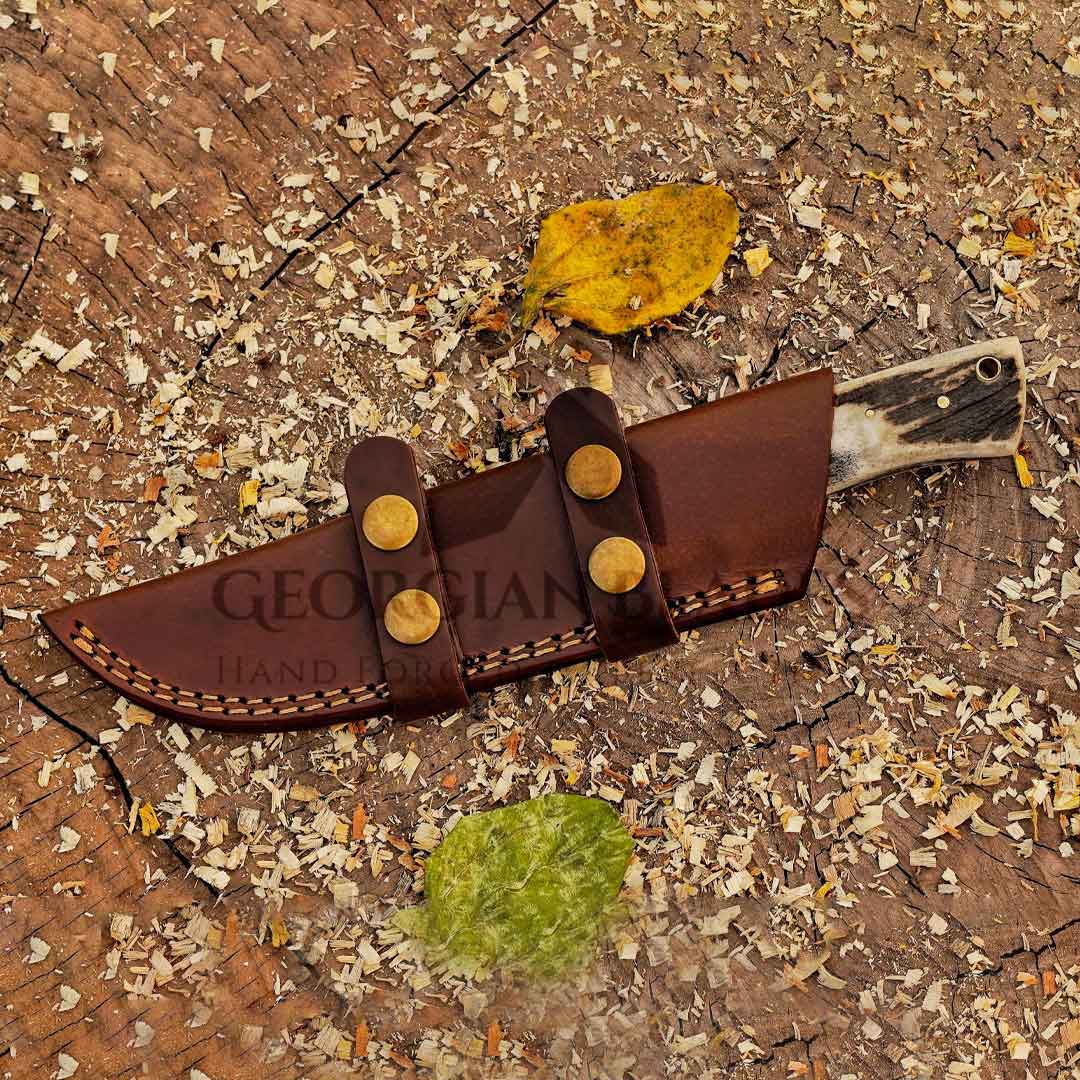 Pecos Pete Slicer: Forged Damascus Steel Skinner Knife EDC 9” -V3 With Stag Antler & Engraved Camel Bone Handle
