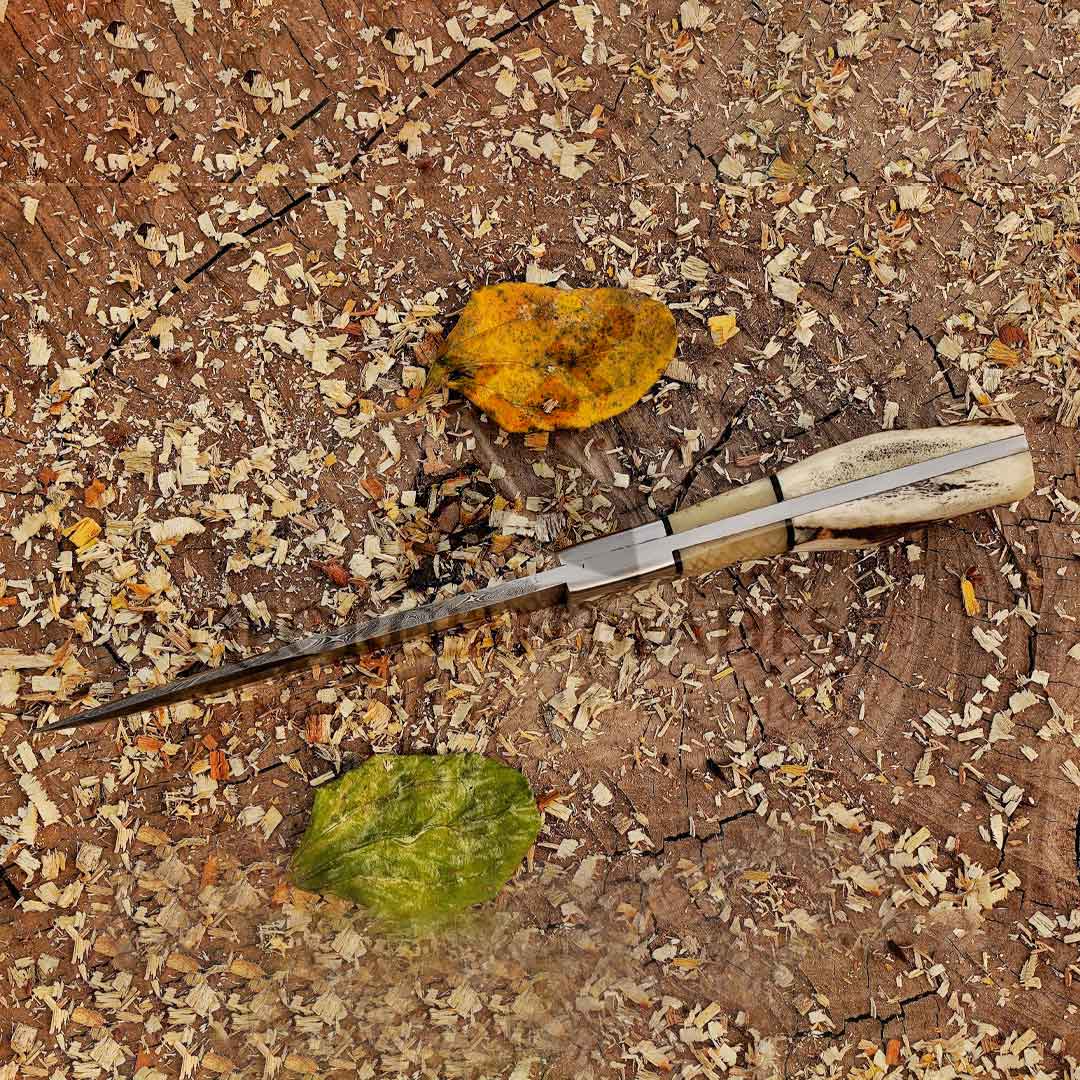 Pecos Pete Slicer: Forged Damascus Steel Skinner Knife EDC 9” -V3 With Stag Antler & Engraved Camel Bone Handle