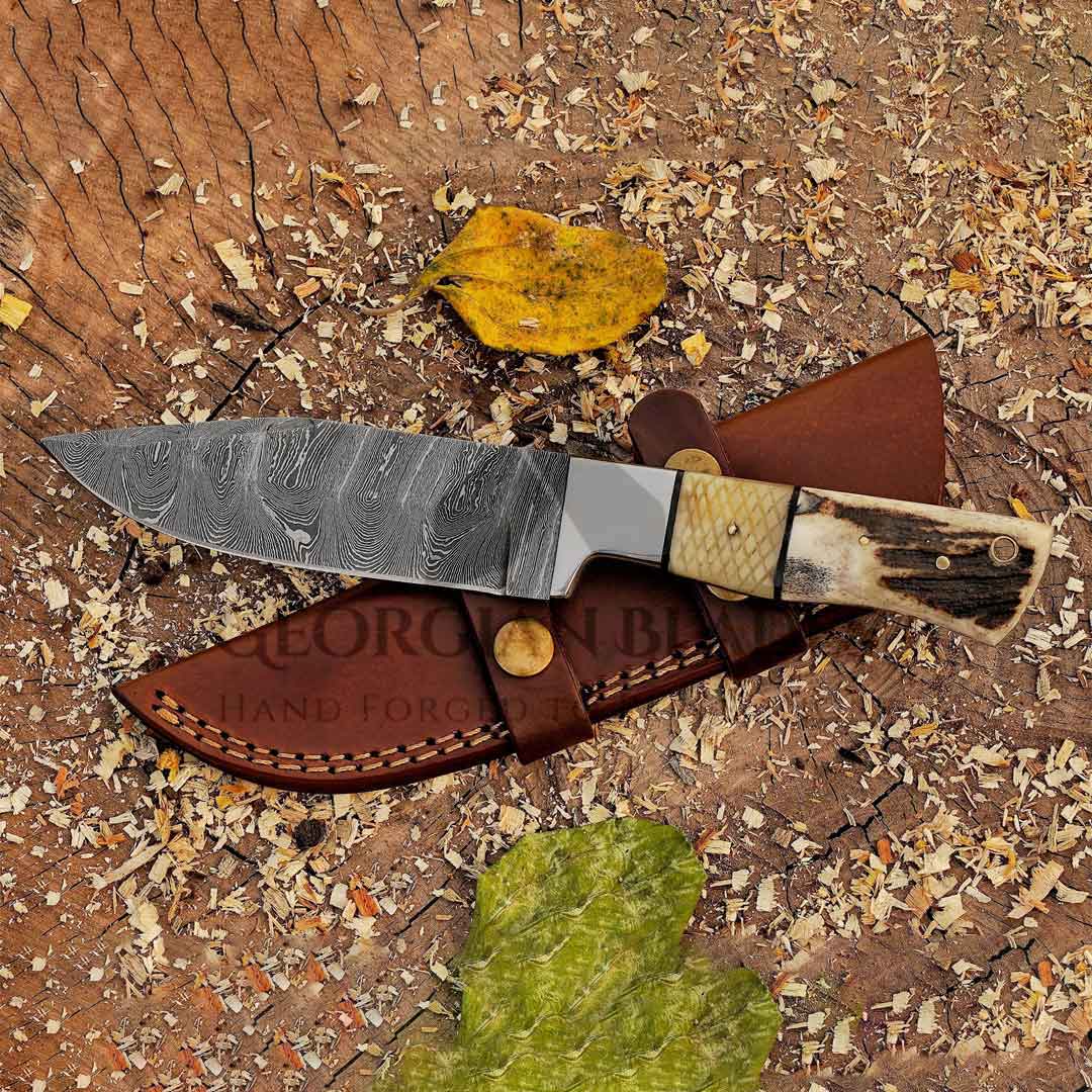 Pecos Pete Slicer: Forged Damascus Steel Skinner Knife EDC 9” -V3 With Stag Antler & Engraved Camel Bone Handle
