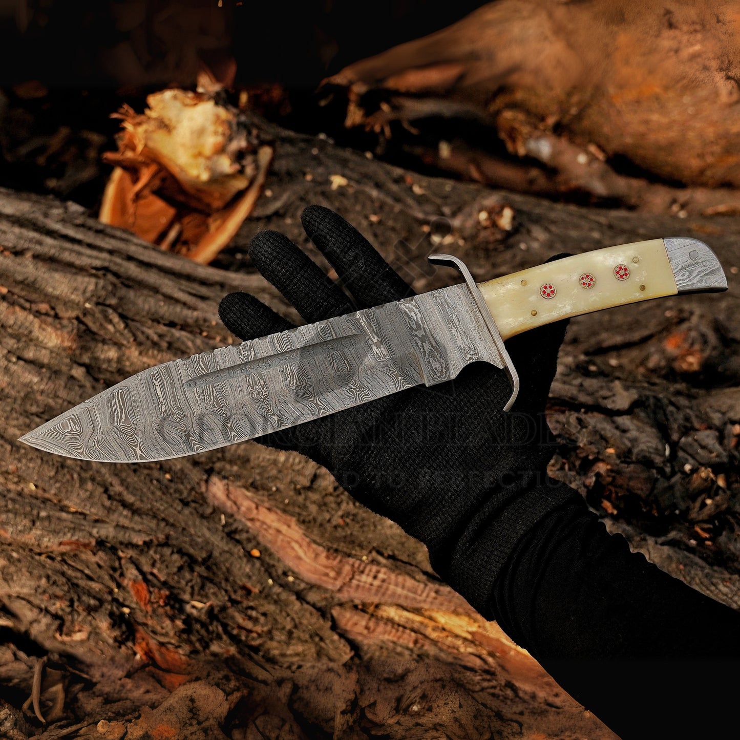 Paul Bunyan Razor - 15" Handmade Damascus Steel Bowie Knife- Full Tang - Camel Bone Handle