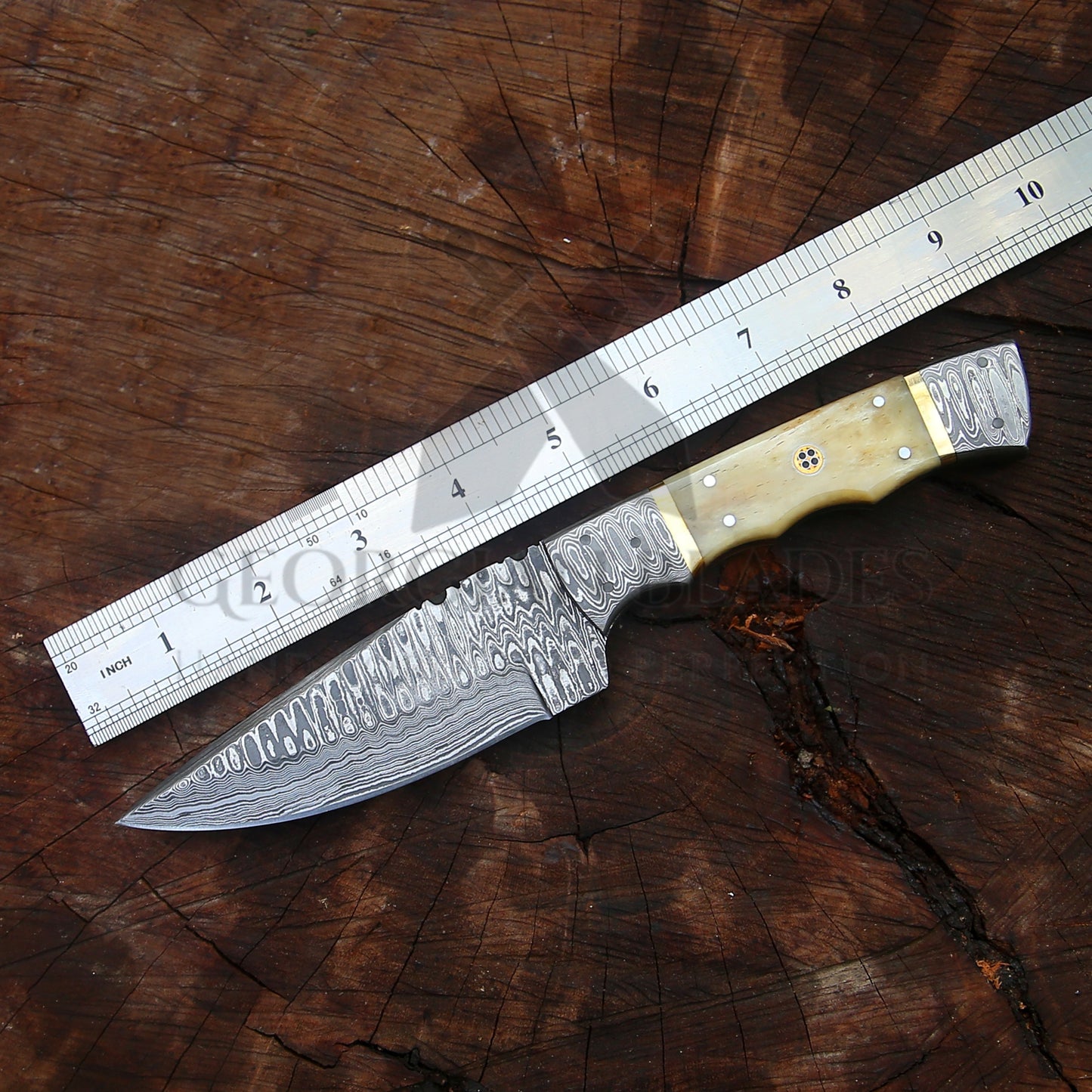 Br'er Rabbit Blade - 8.5” Hand Forged Damascus Steel Full Tang Skinner Knife - Camel Bone Handle