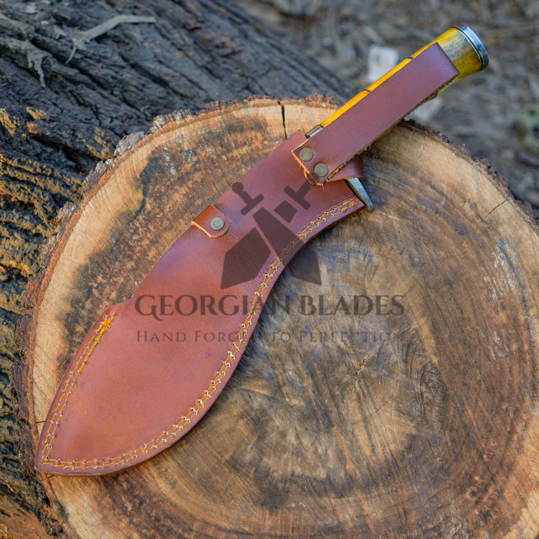 Pecos Bill Whittler - 22" Custom Handmade Forged Damascus Steel Survival Hunting Bushcraft Kukri Knife EDC With Camel Bone Handle