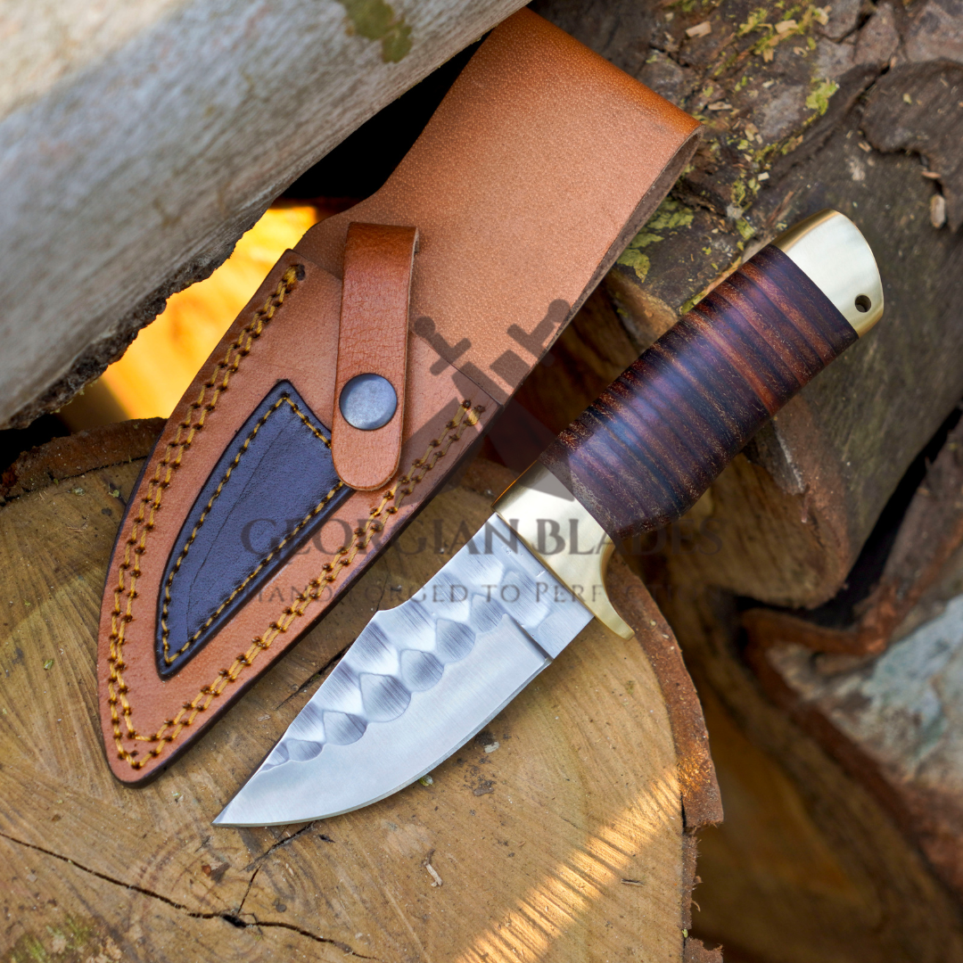The Outrider – 9-inch Handcrafted Carbon Steel Bushcraft Knife with Leather Stacked Handle & Leather Sheath