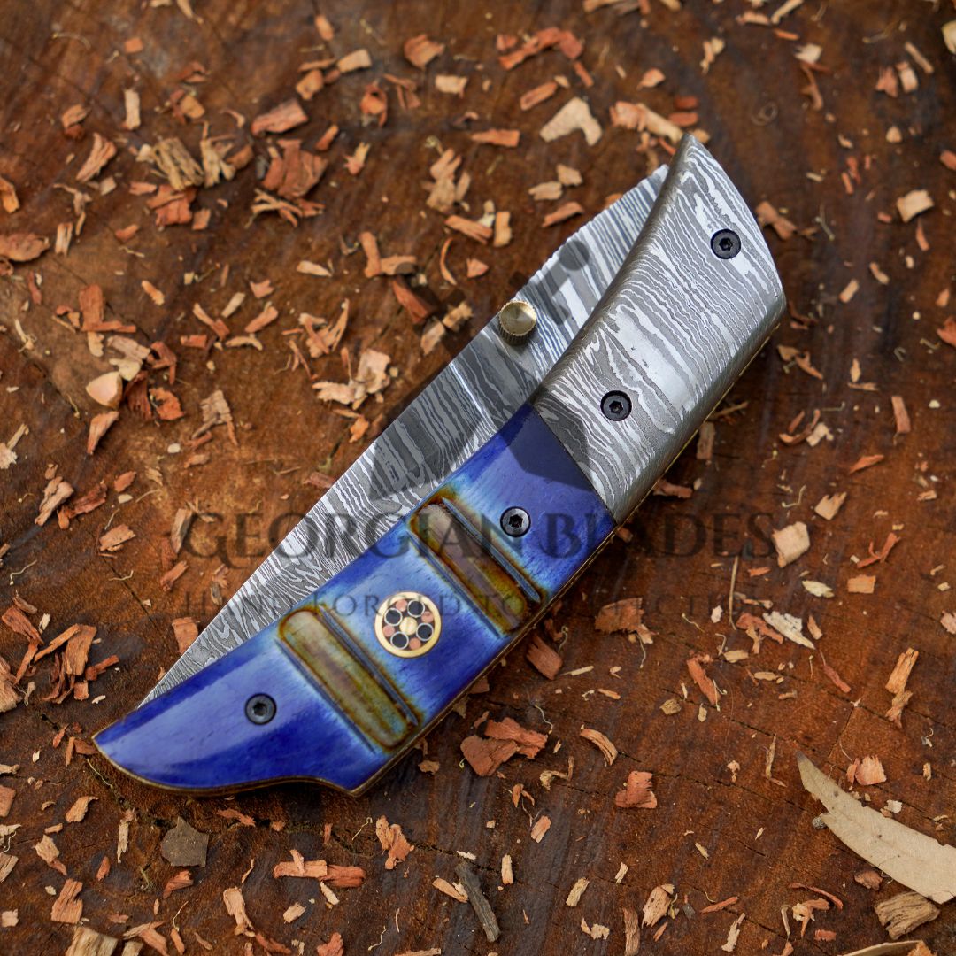 The Sullivan Folder 7.5-inch Hand Forged Damascus Steel Pocket Knife with Leather Sheath