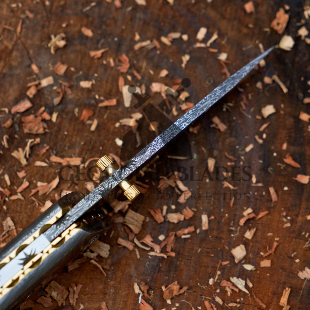 The Nimitz Folder – 7.5 inch Damascus Steel Liner Lock Pocket Knife with Bone Handle and Leather Sheath