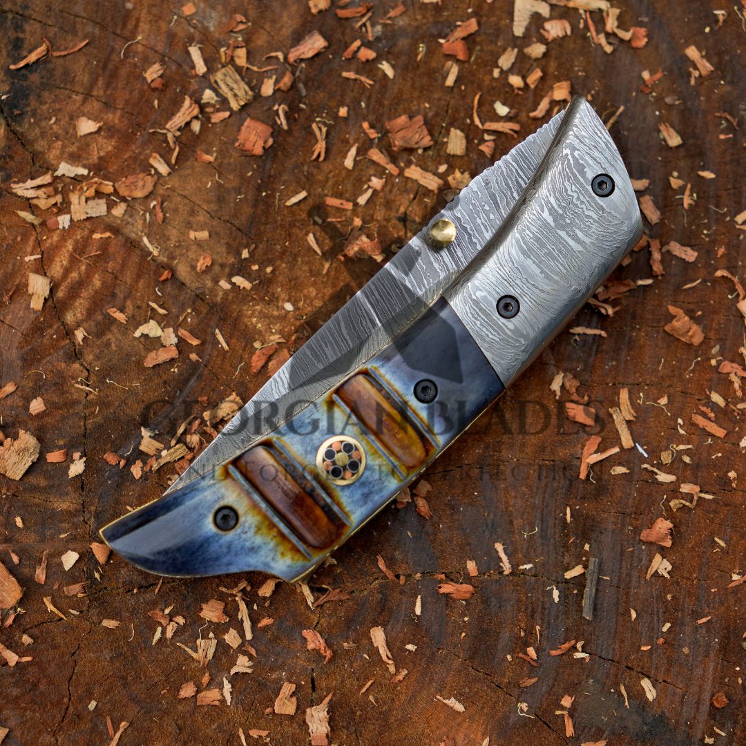 The Glenn Folder – 7.5 inch Damascus Steel Liner Lock Pocket Knife with Bone Handle and Leather Sheath