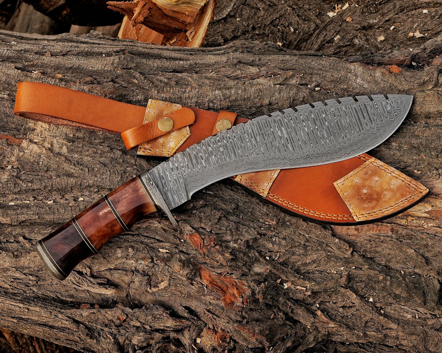 Emberwood Kukri – 15 inch Hand-Forged Damascus Masterpiece Kukri Knife with Leather Sheath