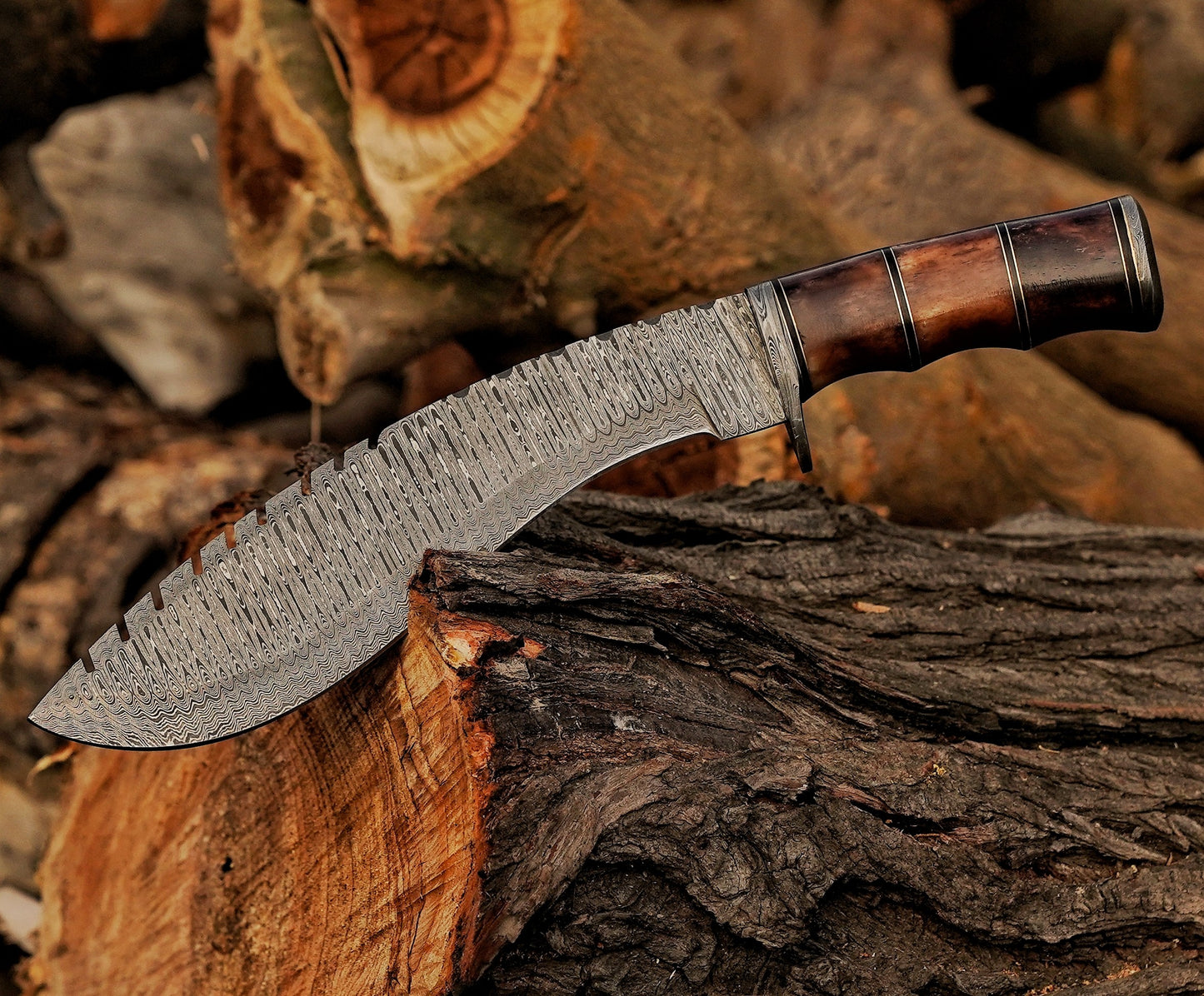 Emberwood Kukri – 15 inch Hand-Forged Damascus Masterpiece Kukri Knife with Leather Sheath