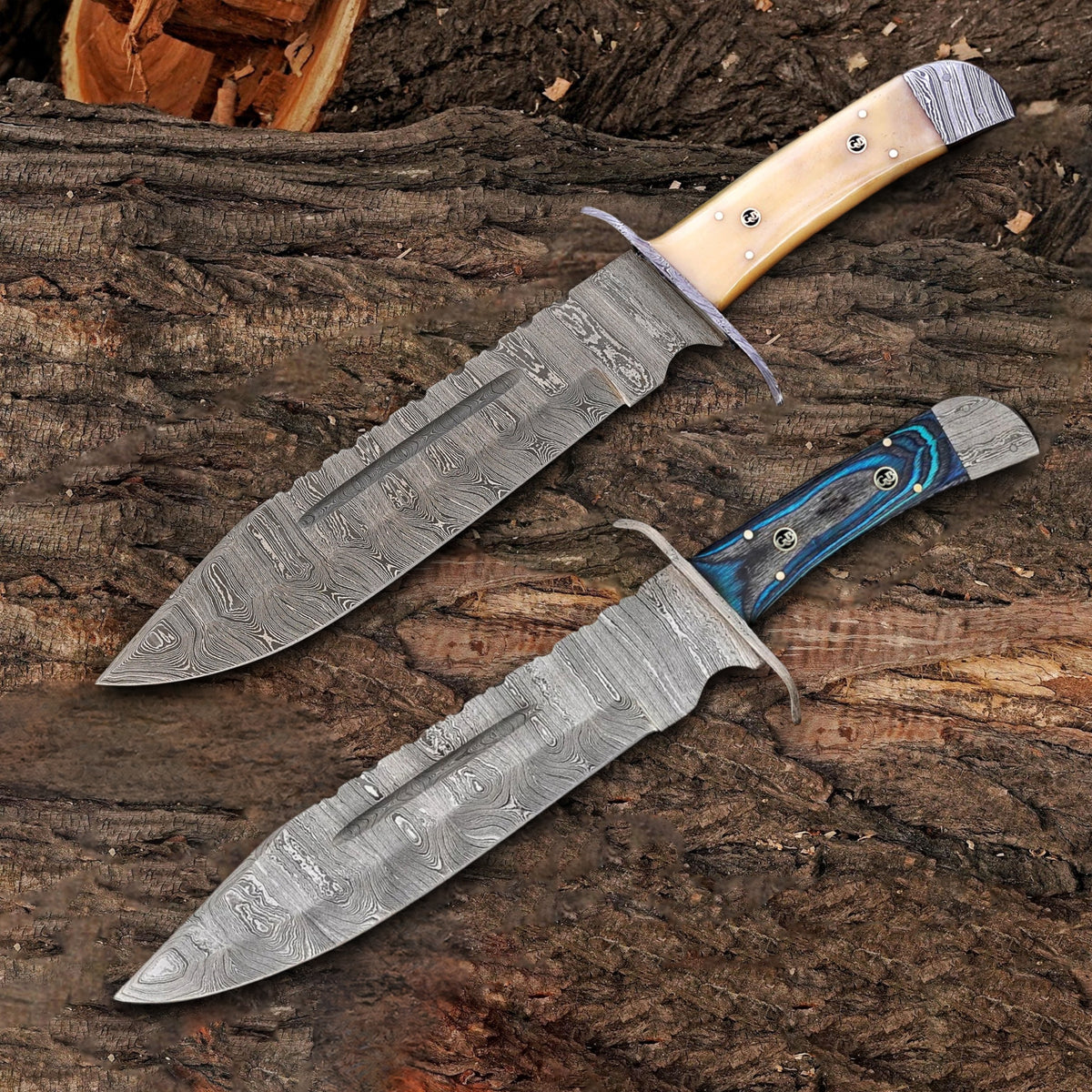Bowie Titans Duo 15 inch Damascus Bowie knife set with leather sheaths