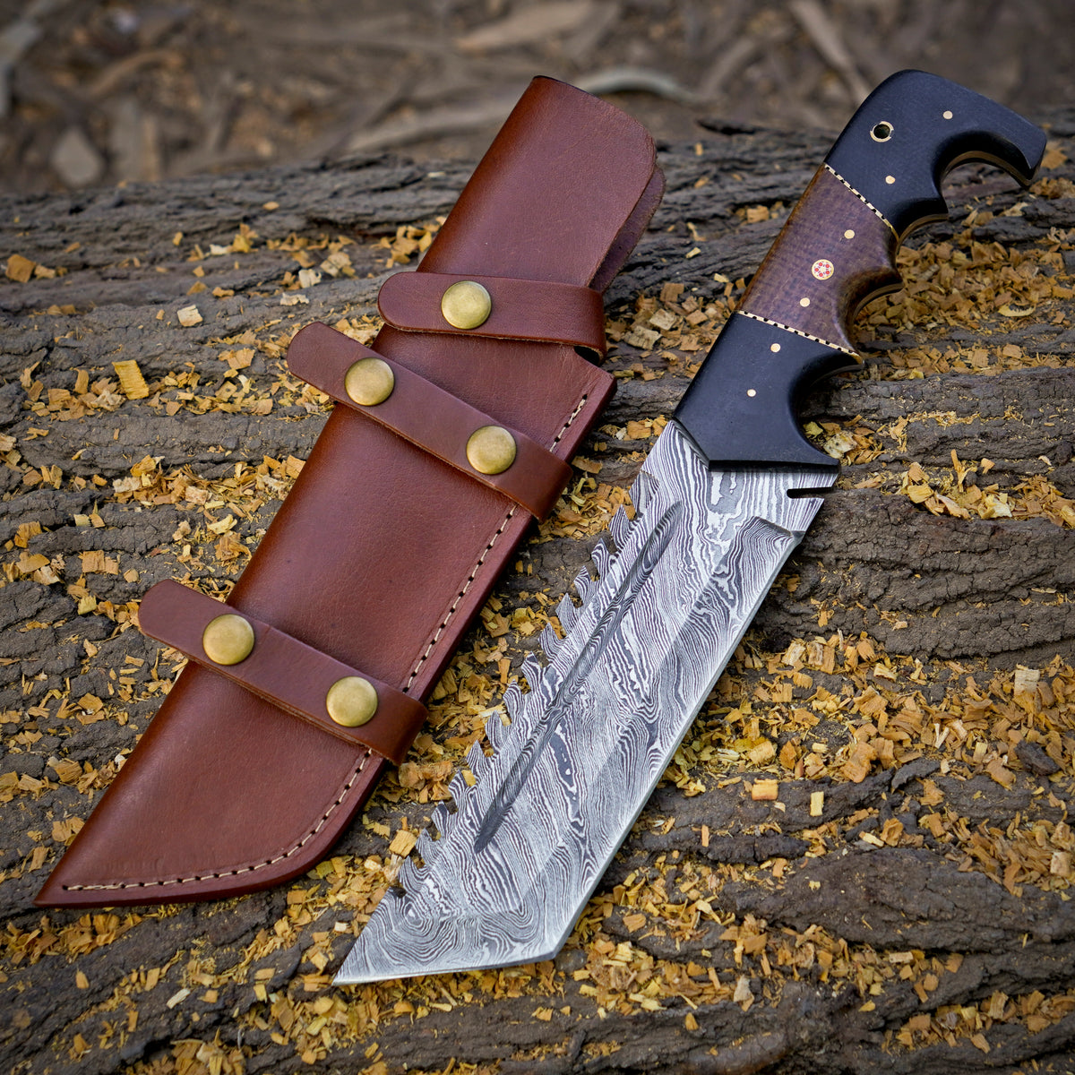 The Damascus Tracker Trio – Bundle of 3 Damascus Tracker Knives with Leather Sheaths