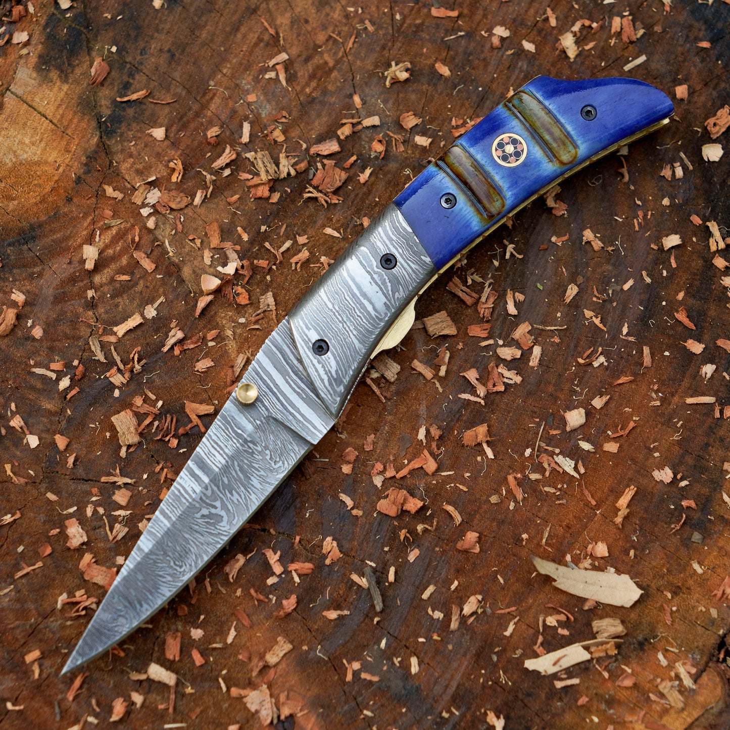 The Founders Trio – Bundle of 3 Hand-Forged Damascus Folding Knives with Leather Sheaths