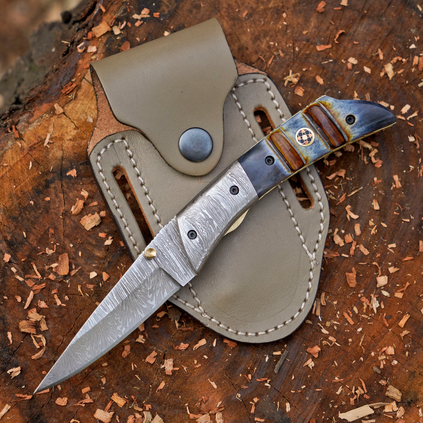The Founders Trio – Bundle of 3 Hand-Forged Damascus Folding Knives with Leather Sheaths