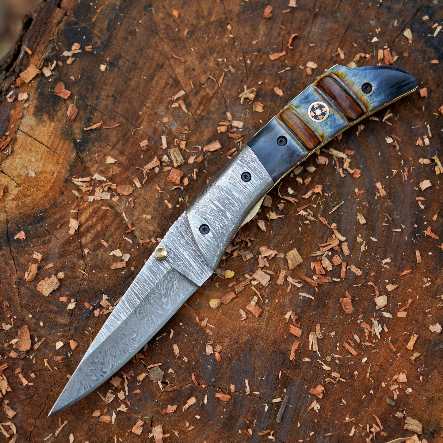 The Founders Trio – Bundle of 3 Hand-Forged Damascus Folding Knives with Leather Sheaths