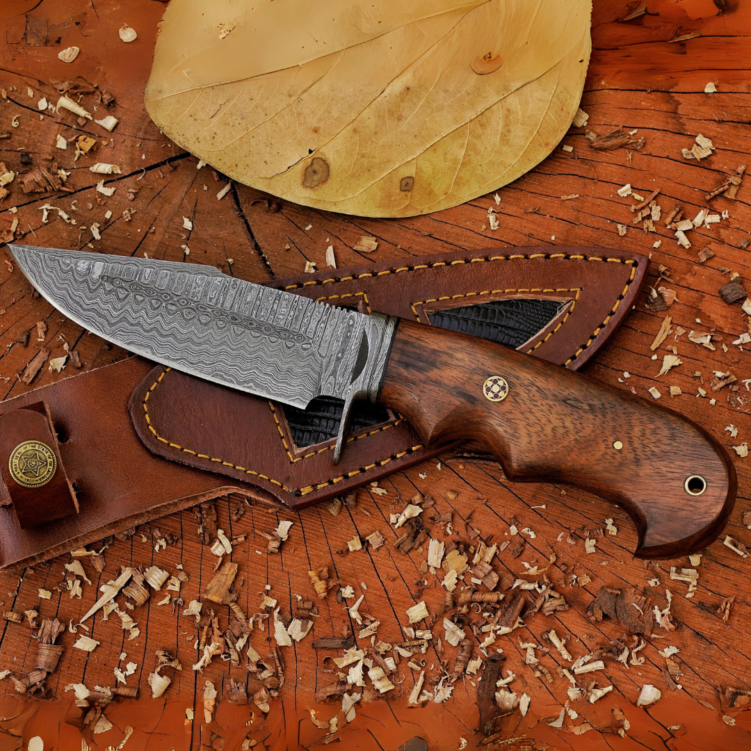 Elite Damascus Trio – Bundle of 3 Handmade Hunting Knives with Leather Sheaths