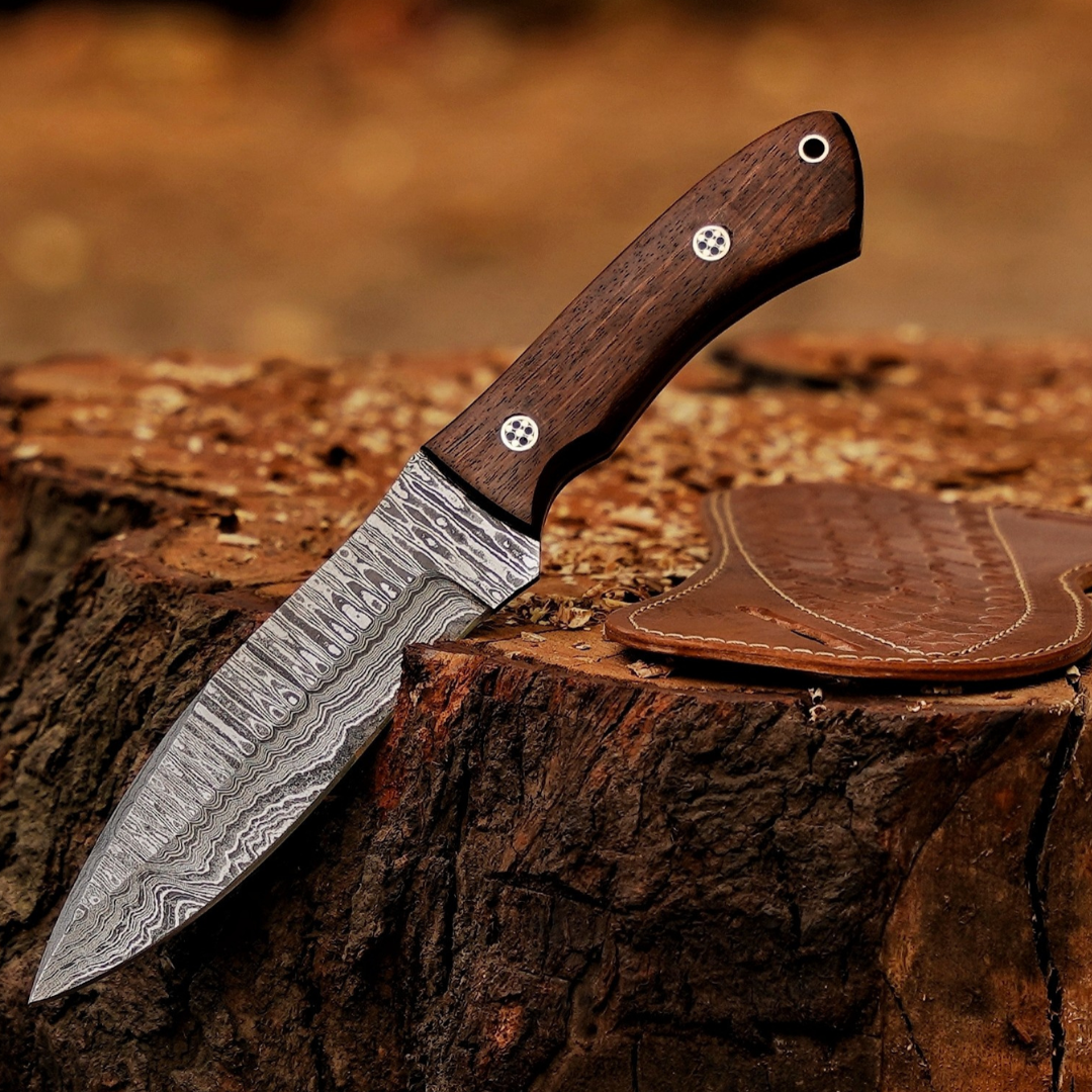 Elite Damascus Trio – Bundle of 3 Handmade Hunting Knives with Leather Sheaths