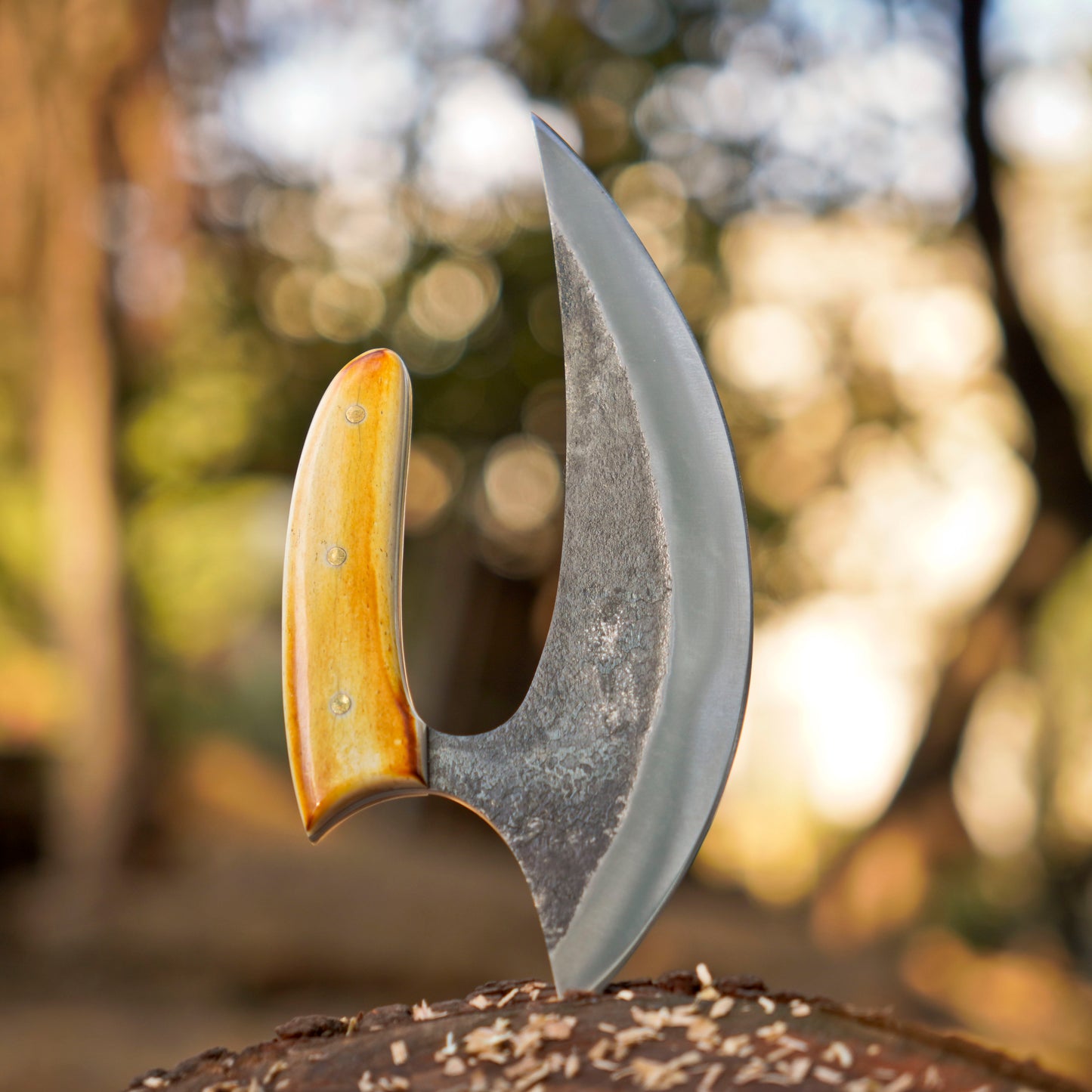Northern Crescent – 8 inch Handmade Ulu Knife with Bone Torch Handle and Leather Sheath