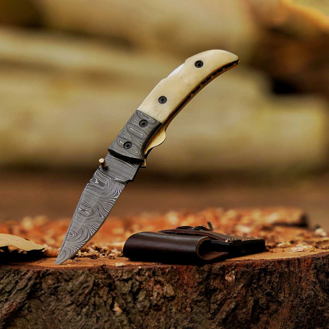 RadiantReach - 8" Hand Forged Damascus Steel Pocket Folding Knife with Leather Sheath