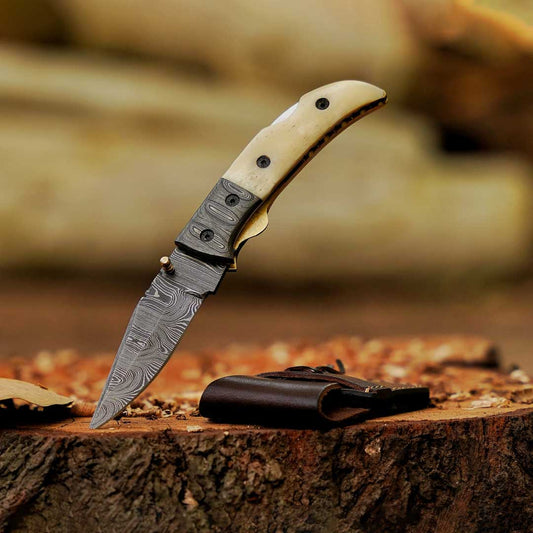 RadiantReach - 8" Hand Forged Damascus Steel Pocket Folding Knife with Leather Sheath
