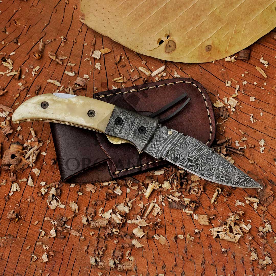 RadiantReach - 8" Hand Forged Damascus Steel Pocket Folding Knife with Leather Sheath