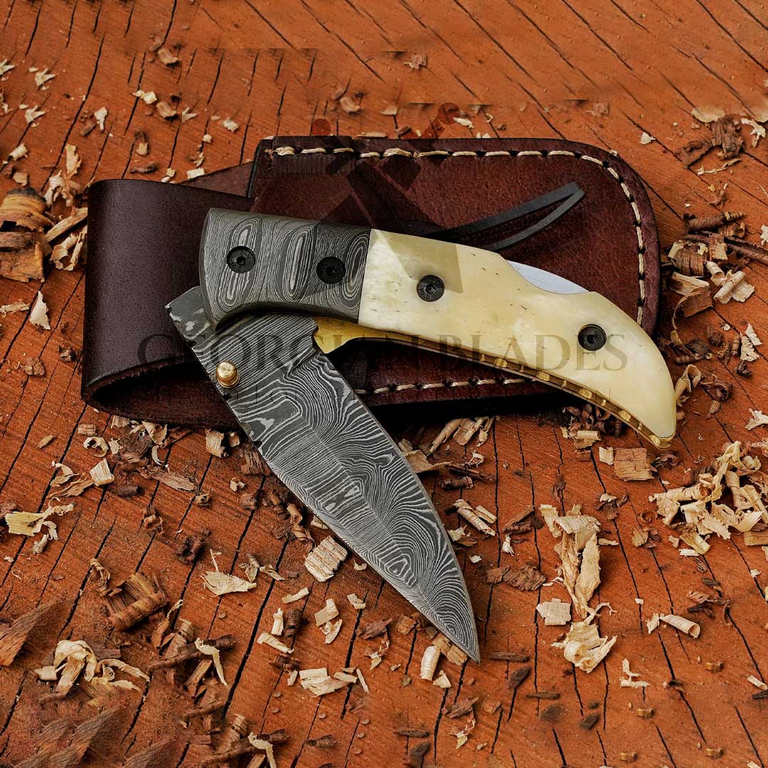 RadiantReach - 8" Hand Forged Damascus Steel Pocket Folding Knife with Leather Sheath