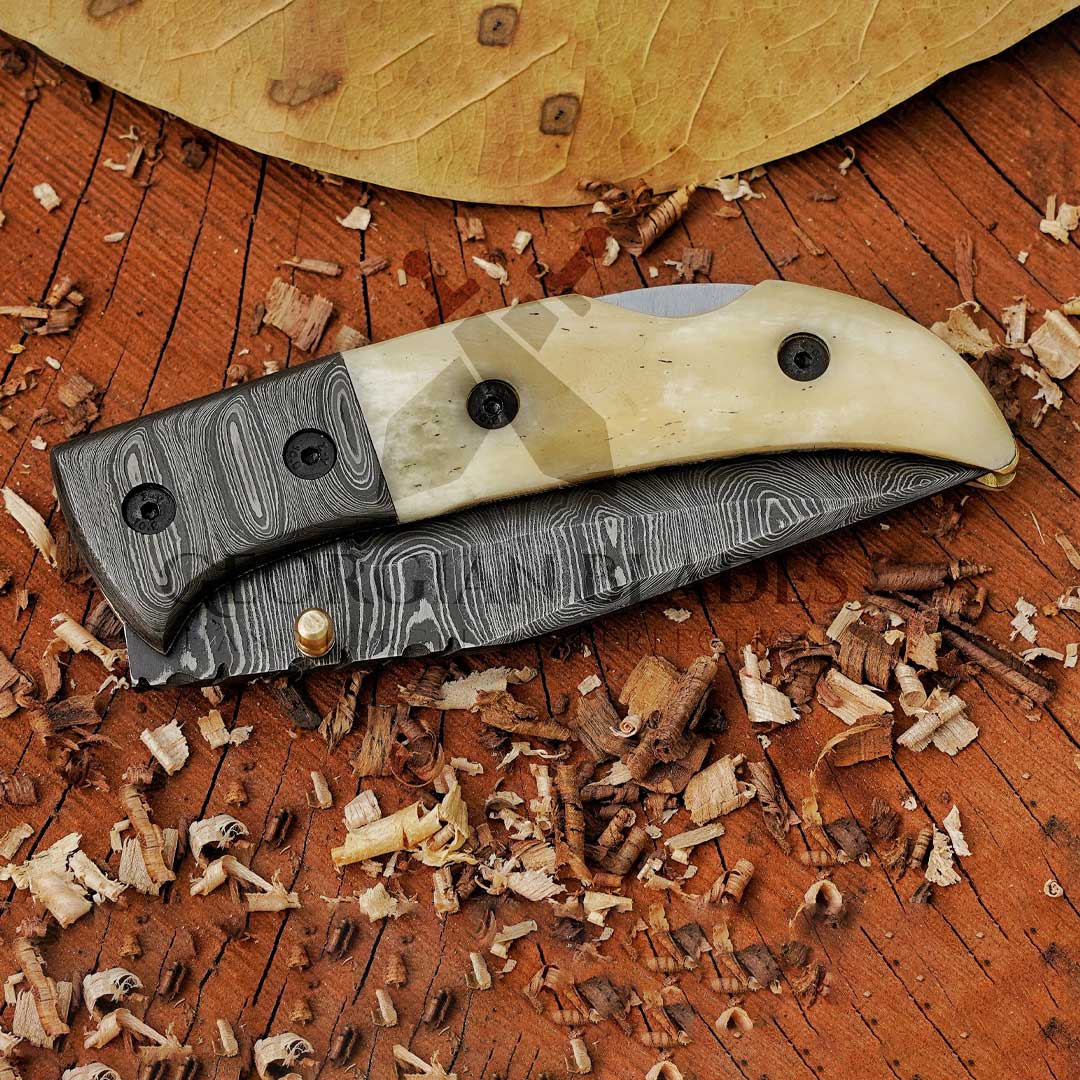 RadiantReach - 8" Hand Forged Damascus Steel Pocket Folding Knife with Leather Sheath