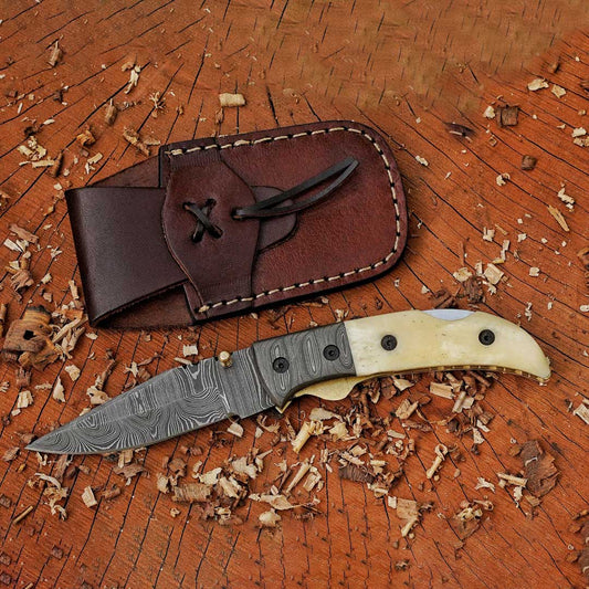 RadiantReach - 8" Hand Forged Damascus Steel Pocket Folding Knife with Leather Sheath